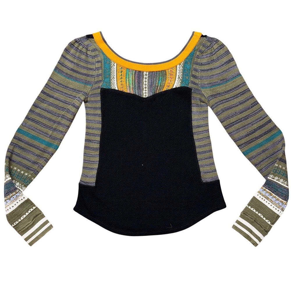 Free People Mixed Pattern Thermal Top Long Sleeve Waffle Knit Scoop OB710288 -XS
